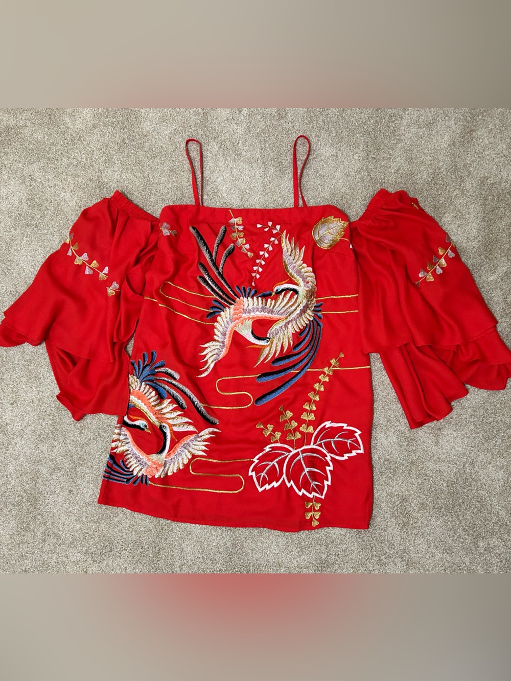 ASOS Bardot Red Embroidered mini dress with flowy Sleeves sz12 party feminine